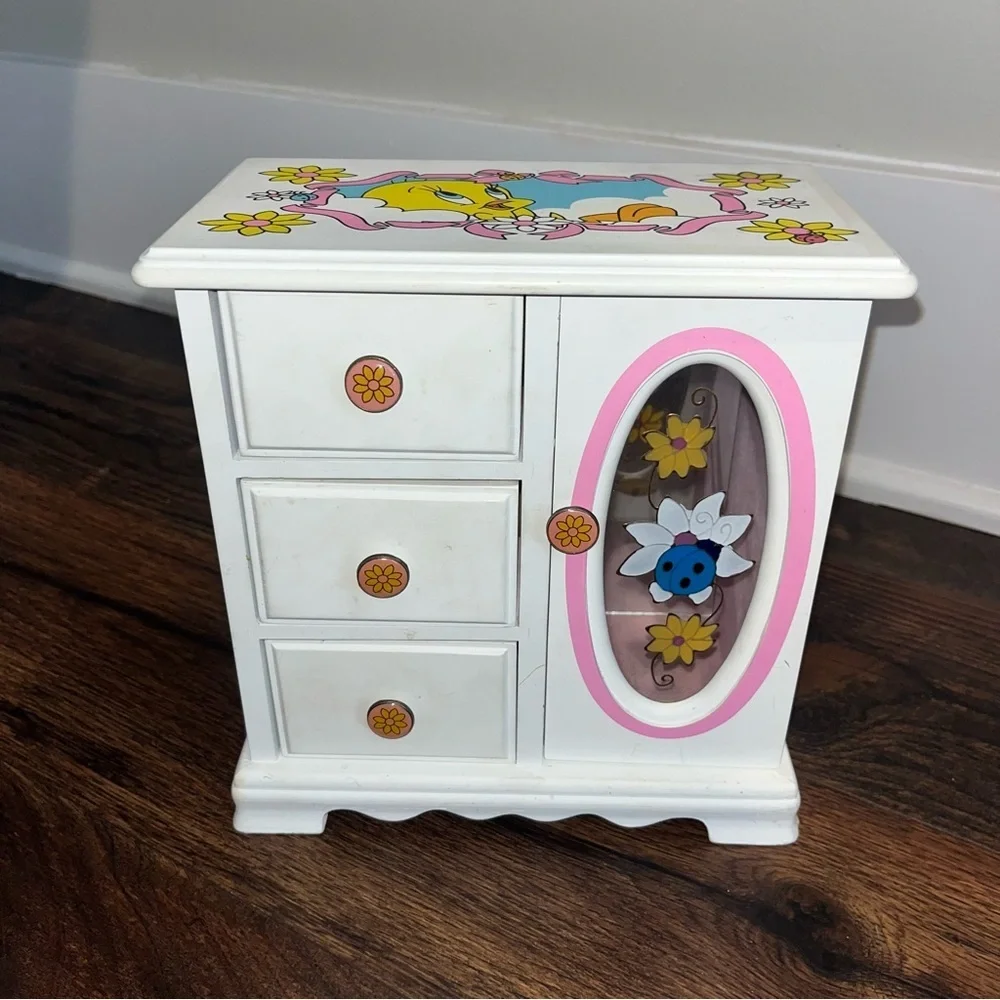 Y2K 1999 Vintage LOONEY TUNES Tweety Bird Wood Glass Pink Jewelry Box Rare